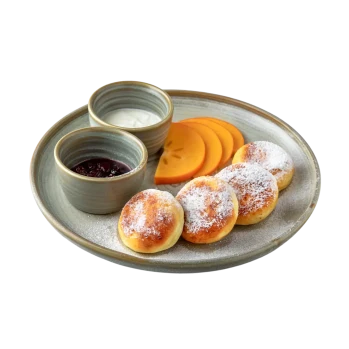 Cottage cheese pancakes with sour cream and cherry jam